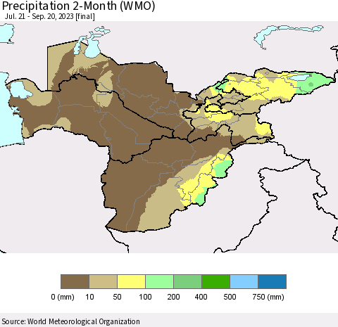 Central Asia Precipitation 2-Month (WMO) Thematic Map For 7/21/2023 - 9/20/2023