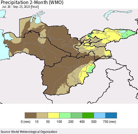 Central Asia Precipitation 2-Month (WMO) Thematic Map For 7/26/2023 - 9/25/2023