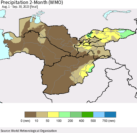 Central Asia Precipitation 2-Month (WMO) Thematic Map For 8/1/2023 - 9/30/2023