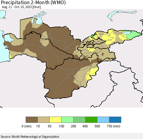 Central Asia Precipitation 2-Month (WMO) Thematic Map For 8/11/2023 - 10/10/2023