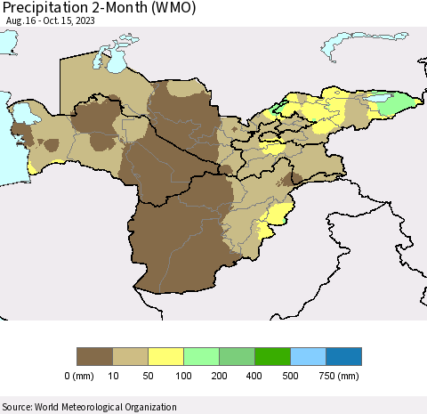 Central Asia Precipitation 2-Month (WMO) Thematic Map For 8/16/2023 - 10/15/2023