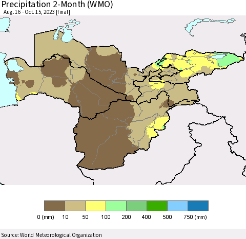 Central Asia Precipitation 2-Month (WMO) Thematic Map For 8/16/2023 - 10/15/2023
