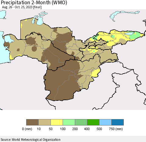 Central Asia Precipitation 2-Month (WMO) Thematic Map For 8/26/2023 - 10/25/2023