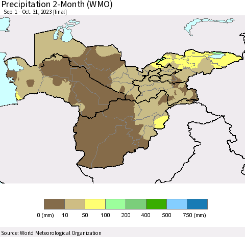 Central Asia Precipitation 2-Month (WMO) Thematic Map For 9/1/2023 - 10/31/2023