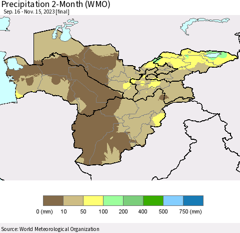 Central Asia Precipitation 2-Month (WMO) Thematic Map For 9/16/2023 - 11/15/2023