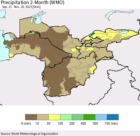 Central Asia Precipitation 2-Month (WMO) Thematic Map For 9/21/2023 - 11/20/2023
