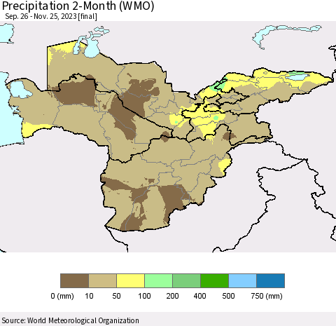 Central Asia Precipitation 2-Month (WMO) Thematic Map For 9/26/2023 - 11/25/2023