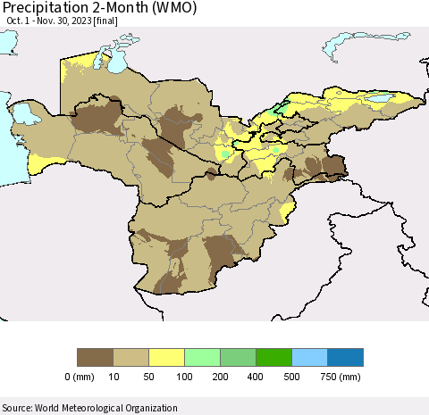 Central Asia Precipitation 2-Month (WMO) Thematic Map For 10/1/2023 - 11/30/2023
