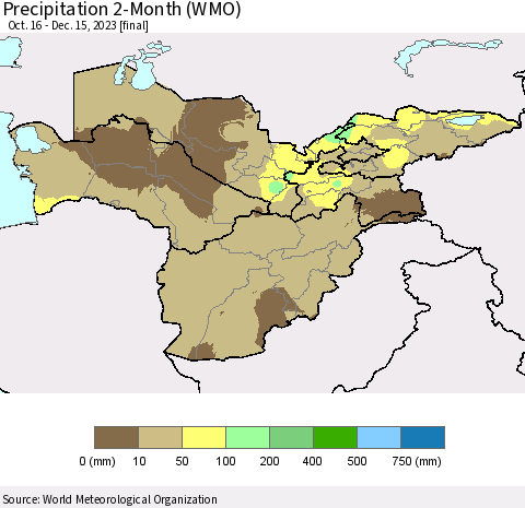 Central Asia Precipitation 2-Month (WMO) Thematic Map For 10/16/2023 - 12/15/2023