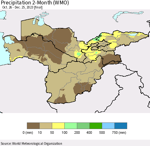 Central Asia Precipitation 2-Month (WMO) Thematic Map For 10/26/2023 - 12/25/2023