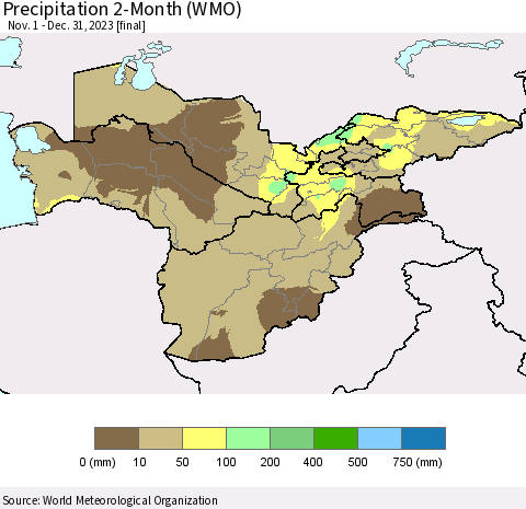 Central Asia Precipitation 2-Month (WMO) Thematic Map For 11/1/2023 - 12/31/2023