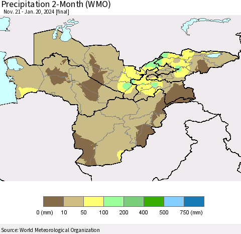 Central Asia Precipitation 2-Month (WMO) Thematic Map For 11/21/2023 - 1/20/2024