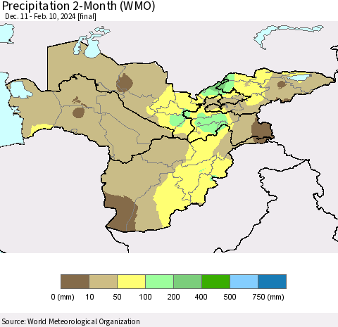 Central Asia Precipitation 2-Month (WMO) Thematic Map For 12/11/2023 - 2/10/2024