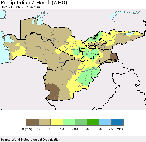 Central Asia Precipitation 2-Month (WMO) Thematic Map For 12/21/2023 - 2/20/2024