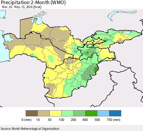Central Asia Precipitation 2-Month (WMO) Thematic Map For 3/16/2024 - 5/15/2024