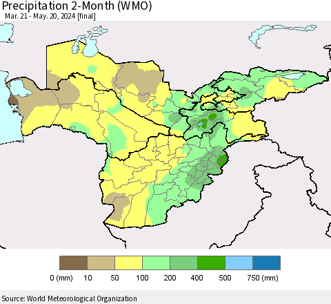 Central Asia Precipitation 2-Month (WMO) Thematic Map For 3/21/2024 - 5/20/2024