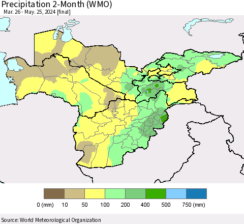 Central Asia Precipitation 2-Month (WMO) Thematic Map For 3/26/2024 - 5/25/2024