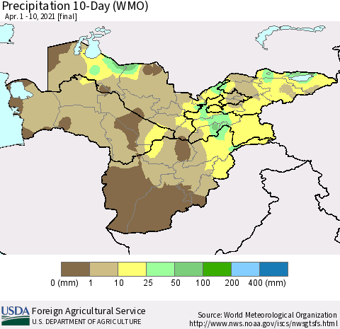 Central Asia Precipitation 10-Day (WMO) Thematic Map For 4/1/2021 - 4/10/2021