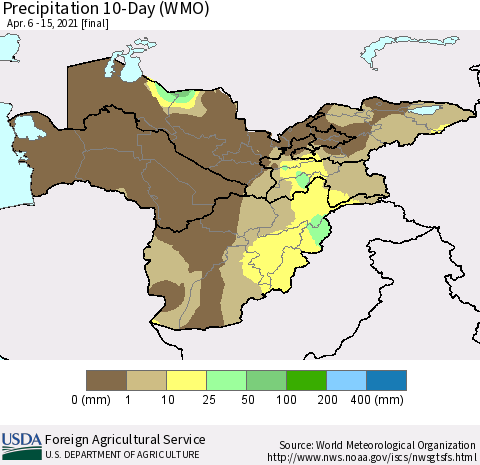Central Asia Precipitation 10-Day (WMO) Thematic Map For 4/6/2021 - 4/15/2021