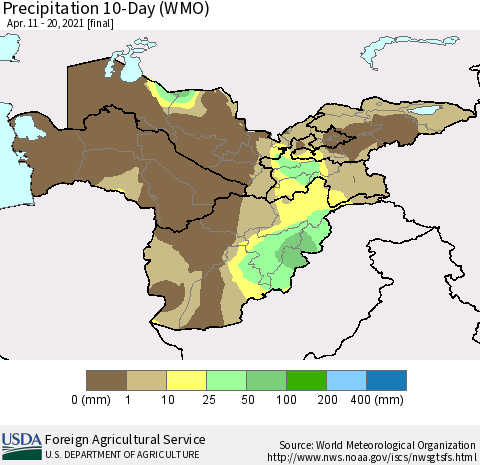 Central Asia Precipitation 10-Day (WMO) Thematic Map For 4/11/2021 - 4/20/2021