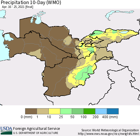 Central Asia Precipitation 10-Day (WMO) Thematic Map For 4/16/2021 - 4/25/2021