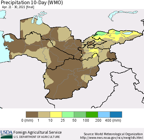 Central Asia Precipitation 10-Day (WMO) Thematic Map For 4/21/2021 - 4/30/2021