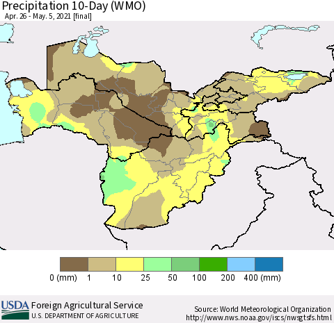Central Asia Precipitation 10-Day (WMO) Thematic Map For 4/26/2021 - 5/5/2021