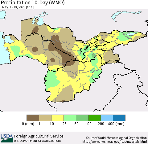 Central Asia Precipitation 10-Day (WMO) Thematic Map For 5/1/2021 - 5/10/2021