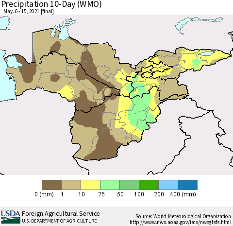 Central Asia Precipitation 10-Day (WMO) Thematic Map For 5/6/2021 - 5/15/2021