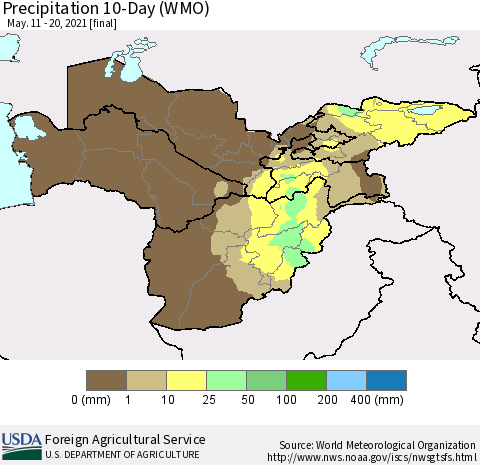 Central Asia Precipitation 10-Day (WMO) Thematic Map For 5/11/2021 - 5/20/2021