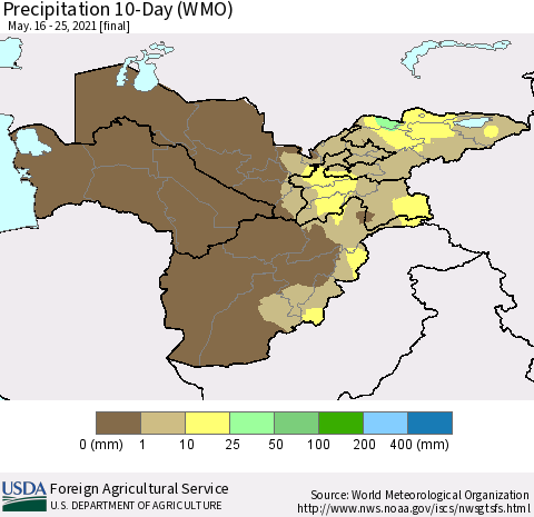 Central Asia Precipitation 10-Day (WMO) Thematic Map For 5/16/2021 - 5/25/2021