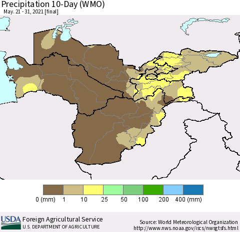 Central Asia Precipitation 10-Day (WMO) Thematic Map For 5/21/2021 - 5/31/2021