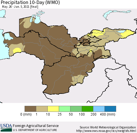 Central Asia Precipitation 10-Day (WMO) Thematic Map For 5/26/2021 - 6/5/2021