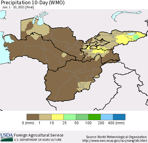 Central Asia Precipitation 10-Day (WMO) Thematic Map For 6/1/2021 - 6/10/2021