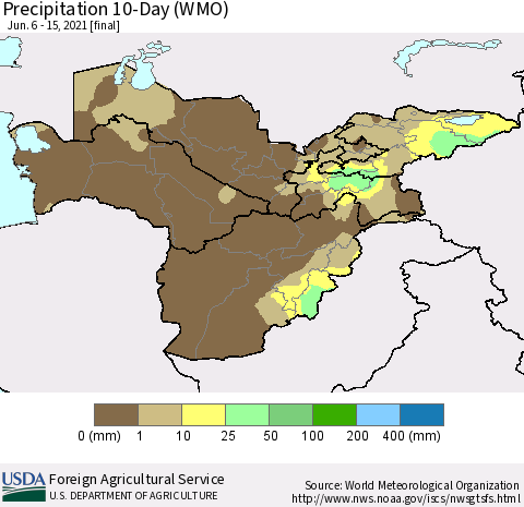 Central Asia Precipitation 10-Day (WMO) Thematic Map For 6/6/2021 - 6/15/2021