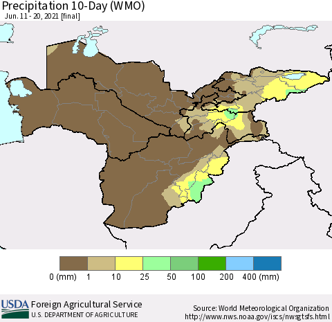 Central Asia Precipitation 10-Day (WMO) Thematic Map For 6/11/2021 - 6/20/2021