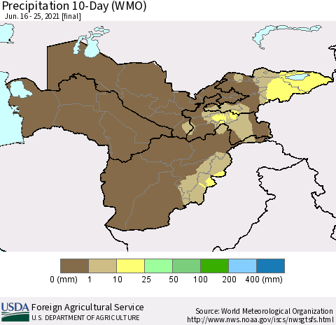 Central Asia Precipitation 10-Day (WMO) Thematic Map For 6/16/2021 - 6/25/2021