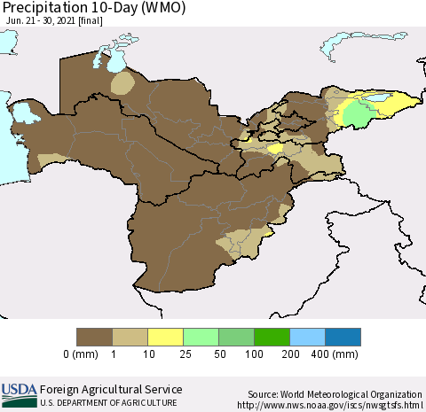 Central Asia Precipitation 10-Day (WMO) Thematic Map For 6/21/2021 - 6/30/2021