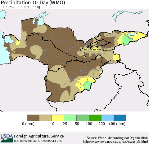Central Asia Precipitation 10-Day (WMO) Thematic Map For 6/26/2021 - 7/5/2021