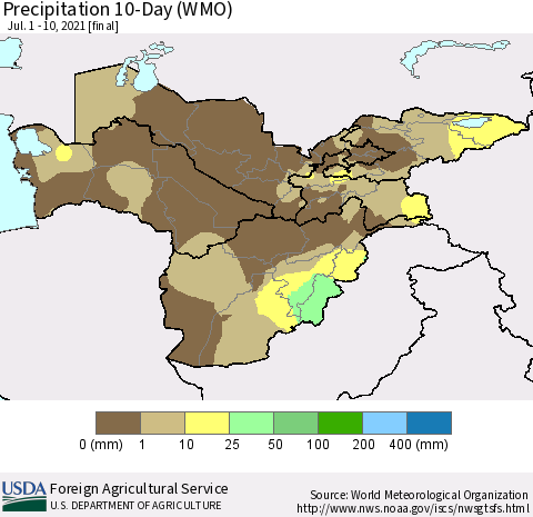 Central Asia Precipitation 10-Day (WMO) Thematic Map For 7/1/2021 - 7/10/2021