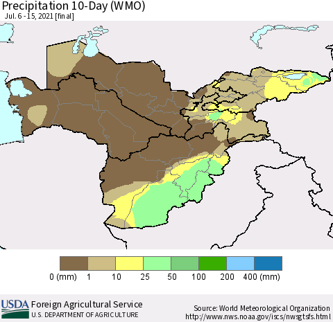 Central Asia Precipitation 10-Day (WMO) Thematic Map For 7/6/2021 - 7/15/2021