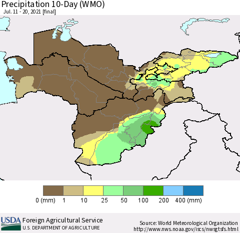 Central Asia Precipitation 10-Day (WMO) Thematic Map For 7/11/2021 - 7/20/2021