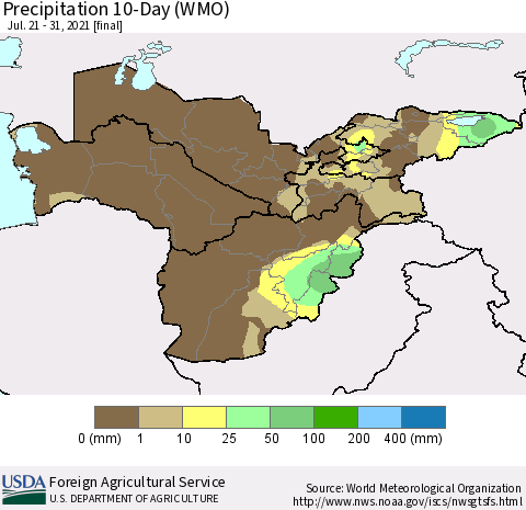 Central Asia Precipitation 10-Day (WMO) Thematic Map For 7/21/2021 - 7/31/2021