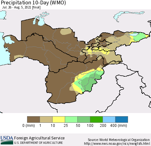 Central Asia Precipitation 10-Day (WMO) Thematic Map For 7/26/2021 - 8/5/2021