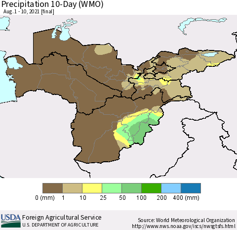Central Asia Precipitation 10-Day (WMO) Thematic Map For 8/1/2021 - 8/10/2021