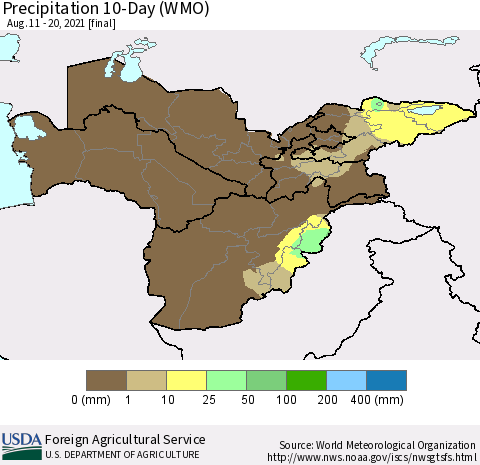 Central Asia Precipitation 10-Day (WMO) Thematic Map For 8/11/2021 - 8/20/2021