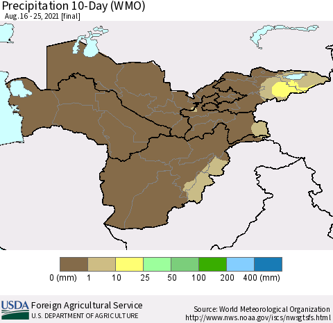 Central Asia Precipitation 10-Day (WMO) Thematic Map For 8/16/2021 - 8/25/2021