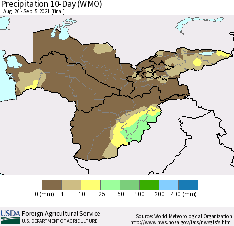 Central Asia Precipitation 10-Day (WMO) Thematic Map For 8/26/2021 - 9/5/2021