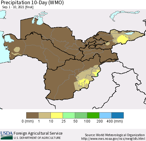 Central Asia Precipitation 10-Day (WMO) Thematic Map For 9/1/2021 - 9/10/2021
