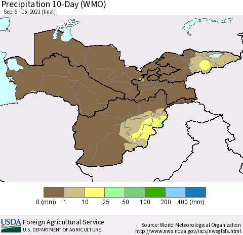Central Asia Precipitation 10-Day (WMO) Thematic Map For 9/6/2021 - 9/15/2021
